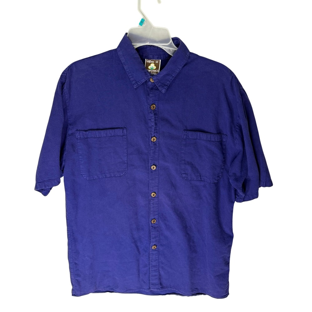 Vintage California Drawstrings Blue Cotton SS Button Down Shirt Mens Med USA